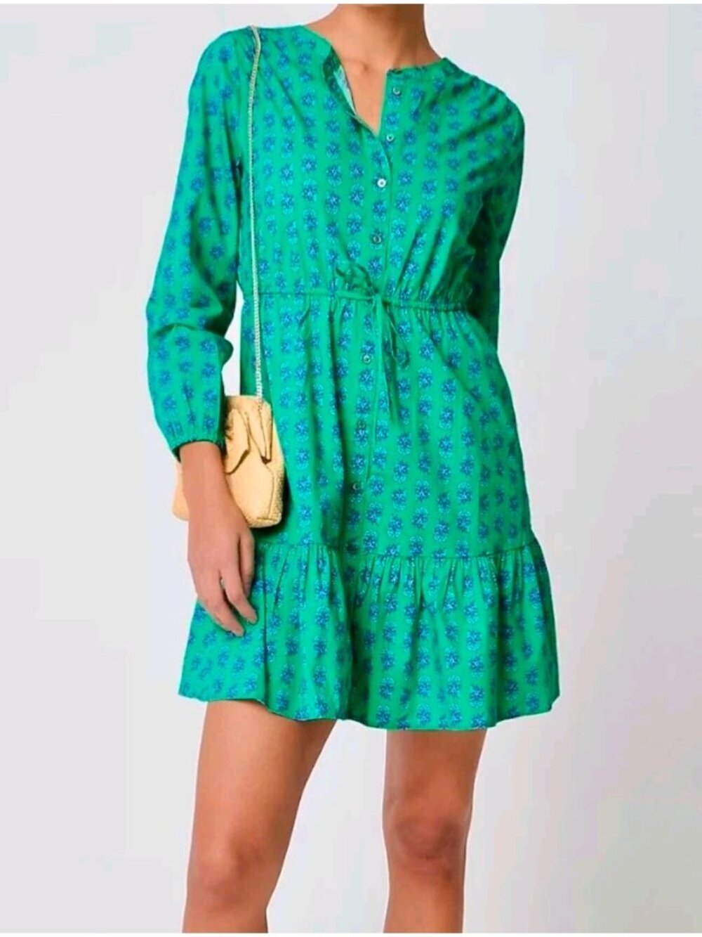 J.Crew Factory long sleeve mini shirt dress sz 14 Green blue floral tie waist